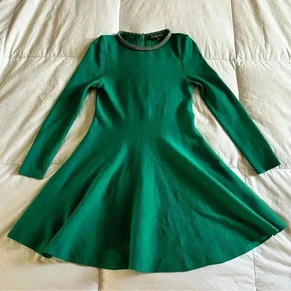Rinascimento Green 100% Wool Long Sleeved Flare Dress - Size 8 - Made In Italy - Picture 3 of 8